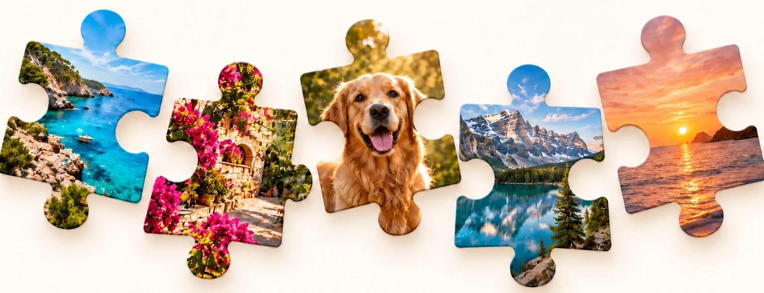 Puzzle pieces cut from photos: a sea cove, flowers, a golden retriever, mountains and a sunset
